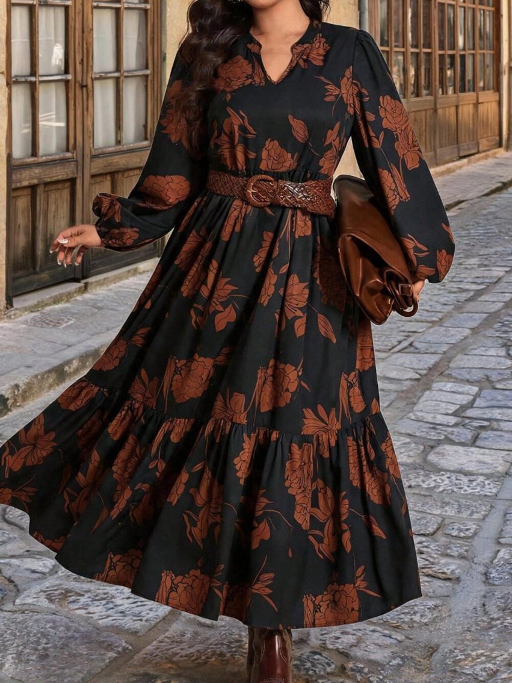 Multicolor Elegant Women's Plus Size Floral V-Neck Long A-Line Dress